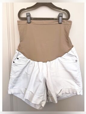 Indigo Blue White Maternity Shorts with Tan Support Panel